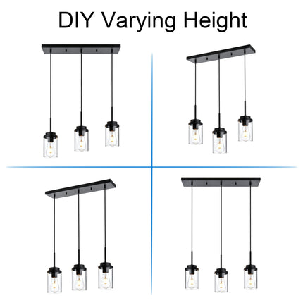 MELUCEE 3 Lights Linear Chandelier Black Finish Kitchen Pendant Lighting Over Island Dining Room Light Fixtures Ceiling Hanging Lamp with Clear Glass Shade, 20.5 Inches Length