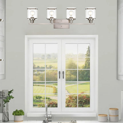 MELUCEE Modern Vanity Light Fixtures, 4-Light Brushed Nickel Bathroom Vanity Lights Over Mirror with Rectangular Clear Glass