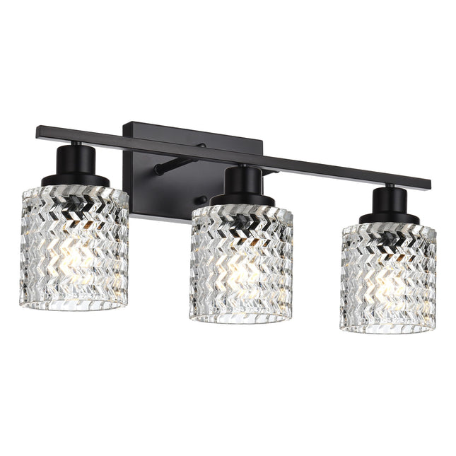 MELUCEE 3 Lights Modern Bathroom Light Fixtures Black Vanity Lights Indoor Wall Mounted Light with Hammered Glass Shade Suitable for Bathroom Living Room Hallway