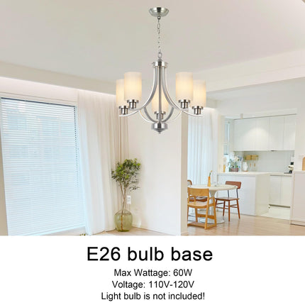 MELUCEE 5 Lights Chandeliers for Dining Room Traditional Chandelier Classic Pendant Light Brushed Nickel with Milky White Glass Shade, Mid Century Modern Chandelier for Kitchen Foyer Bedroom