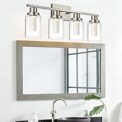 MELUCEE 4-Light LED Bathroom Lighting Fixtures Brushed Nickel, Dimmable LED Vanity Light for Bathroom 3000K-6000K Bathroom Wall Lights with Crystal Bubble Clear Glass Shade, Built-in LED Chips
