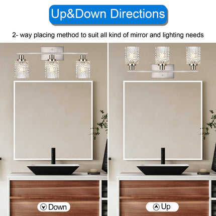 MELUCEE 3 Lights Bathroom Light Fixtures Brushed Nickel Modern Vanity Lights Indoor Wall Mounted Light with Hammered Glass Shade Suitable for Bathroom Living Room Hallway