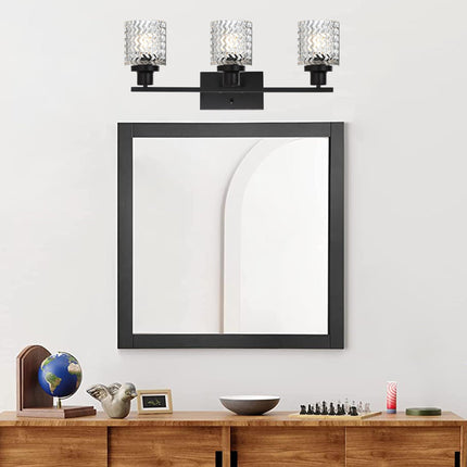 MELUCEE 3 Lights Modern Bathroom Light Fixtures Black Vanity Lights Indoor Wall Mounted Light with Hammered Glass Shade Suitable for Bathroom Living Room Hallway