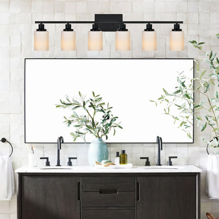 MELUCEE Matte Black Vanity Lights for Bathroom, 6 Lights Bathroom Light Fixtures Over The Mirror Light with Milky White Glass Shade Wall Mount Lamp for Dressing Room Living Room Hallway