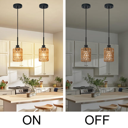 MELUCEE 2 Pack Rattan Hanging Light Fixture Boho Pendant Light Black Adjustable Dining Table Light Fixture with Rattan Lamp Shade, Set of Two Mini Pendant Lighting for Kitchen Island Hallway Stair