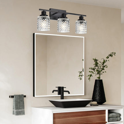 MELUCEE 3 Lights Modern Bathroom Light Fixtures Black Vanity Lights Indoor Wall Mounted Light with Hammered Glass Shade Suitable for Bathroom Living Room Hallway