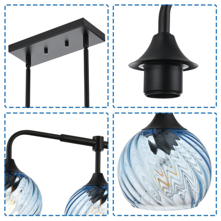 MELUCEE 5-Light Kitchen Island Lighting Linear Dining Room Light Fixtures Ceiling Hanging with Blue Striped Swirl Glass Shade, Modern Black Chandelier for Dining Room Kitchen Island Bar, E26 Base