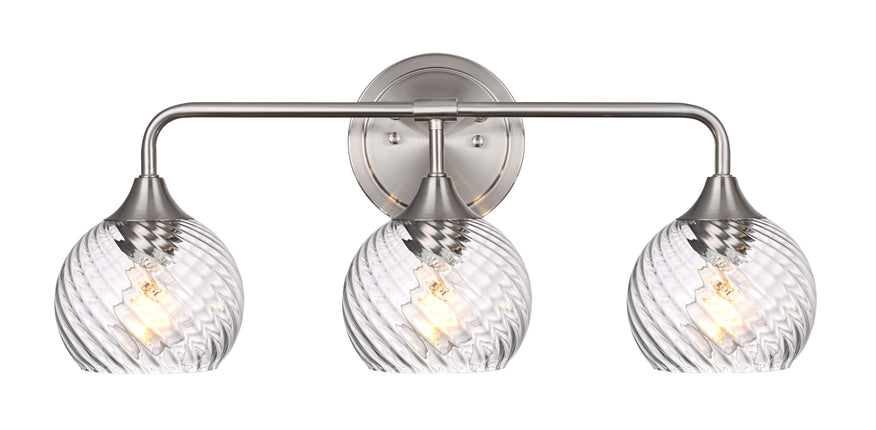 MELUCEE 3 Lights Modern Vanity Lights Over Mirror, Brushed Nickel Bathroom Lighting Fixtures with Clear Striped Swirl Glass Shade, Metal Wall Mount Lamp for Mirror, Bathroom Living Room Workshop