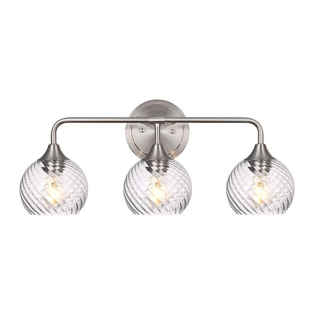 MELUCEE 3 Lights Modern Vanity Lights Over Mirror, Brushed Nickel Bathroom Lighting Fixtures with Clear Striped Swirl Glass Shade, Metal Wall Mount Lamp for Mirror, Bathroom Living Room Workshop