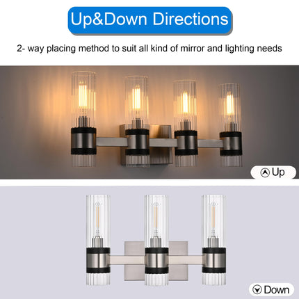 MELUCEE 3-Light Bathroom Light Fixtures Brushed Nickel with Ribbed Clear Glass Shade for Kitchen Bedroom Hallway, E12 Base