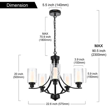 MELUCEE LED Modern Chandeliers for Dining Room 5 Lights Contemporary Kitchen Chandelier with Frosted Acrylic Column Black Led Pendant Light with Seeded Glass Shade, Built-in LED Chips, 5CCT Adjustable