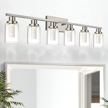 MELUCEE 6-Light LED Bathroom Vanity Light, Modern Brushed Nickel Bathroom Light Bar with Crystal Bubble Clear Glass Shade, Dimmable Bathroom Wall Sconce Lamp 3000K-6000K, Built-in LED Chips