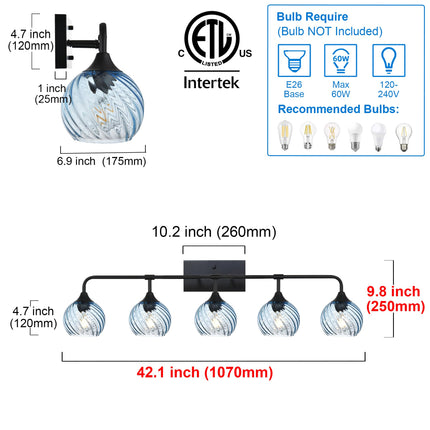 MELUCEE 5-Light Bathroom Light Fixtures 42 Inches, Matte Black Vanity Lights with Blue Striped Swirl Glass Shade, Mid-Century Modern Bathroom Vanity Light Over Mirror