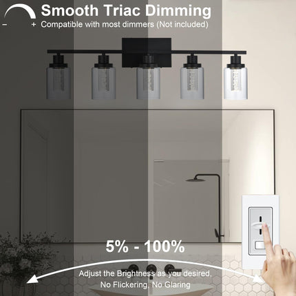 MELUCEE LED Bathroom Vanity Light 5-Light Dimmable Bathroom Light Bar 5CCT Modern Black Vanity Lighting Fixtures with Crystal Bubble Clear Glass Shade, Built-in LED Chips