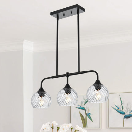 MELUCEE Dining Room Chandeliers with Clear Striped Swirl Glass Shade, 3 Light Black Kitchen Island Lighting Fixtures Ceiling Linear Pendant Light for Kitchen Dining Room Bar, Height Adjustable