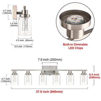 MELUCEE 6-Light LED Bathroom Vanity Light, Modern Brushed Nickel Bathroom Light Bar with Crystal Bubble Clear Glass Shade, Dimmable Bathroom Wall Sconce Lamp 3000K-6000K, Built-in LED Chips