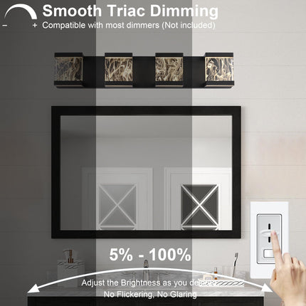 MELUCEE 4 Lights LED Bathroom Vanity Light with Unique Smoke Acrylic Panel Modern Vanity Lighting Black Bathroom Light Fixtures Wall Sconce for Bath Powder Room Entryway, 20W 3000K Warm Lighting