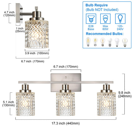 MELUCEE 3 Lights Bathroom Light Fixtures Brushed Nickel Modern Vanity Lights Indoor Wall Mounted Light with Hammered Glass Shade Suitable for Bathroom Living Room Hallway