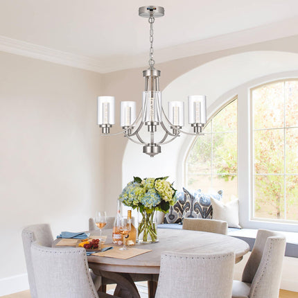 MELUCEE LED Chandeliers for Dining Room 5 Lights Dining Room Light Fixture Brushed Nickel Kitchen Chandeliers Over Table Led Pendant Light with Clear Glass Shade, Built-in LED Chips, 5CCT Adjustable