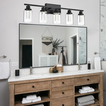 MELUCEE LED Bathroom Vanity Light 5-Light Dimmable Bathroom Light Bar 5CCT Modern Black Vanity Lighting Fixtures with Crystal Bubble Clear Glass Shade, Built-in LED Chips