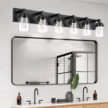 MELUCEE 6-Light Dimmable LED Bathroom Light Fixtures in Black Finish, Modern Bubble Crystal Vanity Lights for Bathroom 5CCT LED Wall Light Fixture with Clear Glass Shade, Built-in Led Chips