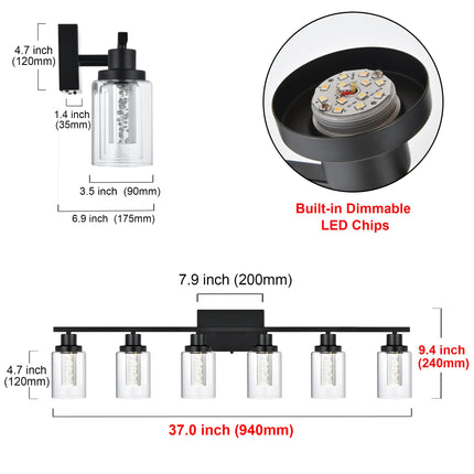 MELUCEE LED Vanity Lights for Bathroom, 6-Light Dimmable LED Bathroom Light Fixtures Black with Crystal Bubble Clear Glass Shade 3000K-6000K LED Wall Light Fixture for Bathroom, Built-in LED Chips