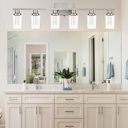 MELUCEE 6-Light LED Bathroom Vanity Light, Modern Brushed Nickel Bathroom Light Bar with Crystal Bubble Clear Glass Shade, Dimmable Bathroom Wall Sconce Lamp 3000K-6000K, Built-in LED Chips