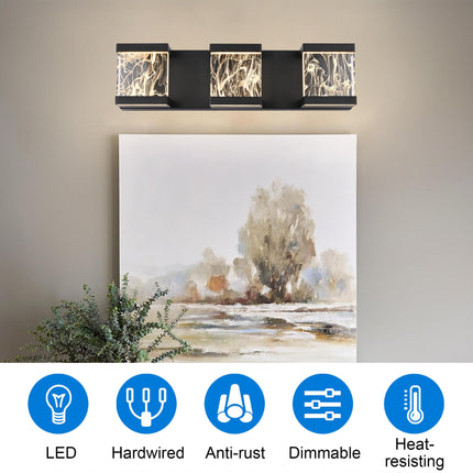 MELUCEE Modern LED Bathroom Lights Over Mirror 15W 3 Lights LED Vanity Light Bar with Unique Smoke Acrylic Panel Black Bathroom Wall Light Fixtures for Bath Powder Room, 3000K Warm Lighting