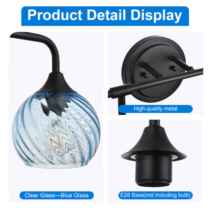 MELUCEE 25 Inch Bathroom Light Fixtures Black, 3-Light Vanity Lights with Blue Striped Swirl Glass Shade, Mid-Century Modern Bathroom Vanity Light Over Mirror