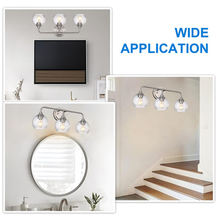 MELUCEE 3 Lights Modern Vanity Lights Over Mirror, Brushed Nickel Bathroom Lighting Fixtures with Clear Striped Swirl Glass Shade, Metal Wall Mount Lamp for Mirror, Bathroom Living Room Workshop