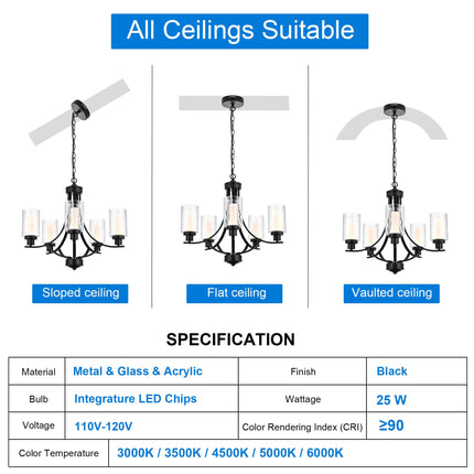 MELUCEE LED Modern Chandeliers for Dining Room 5 Lights Contemporary Kitchen Chandelier with Frosted Acrylic Column Black Led Pendant Light with Seeded Glass Shade, Built-in LED Chips, 5CCT Adjustable