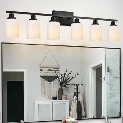MELUCEE Matte Black Vanity Lights for Bathroom, 6 Lights Bathroom Light Fixtures Over The Mirror Light with Milky White Glass Shade Wall Mount Lamp for Dressing Room Living Room Hallway