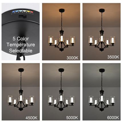 MELUCEE LED Modern Chandeliers for Dining Room 5 Lights Contemporary Kitchen Chandelier with Frosted Acrylic Column Black Led Pendant Light with Seeded Glass Shade, Built-in LED Chips, 5CCT Adjustable