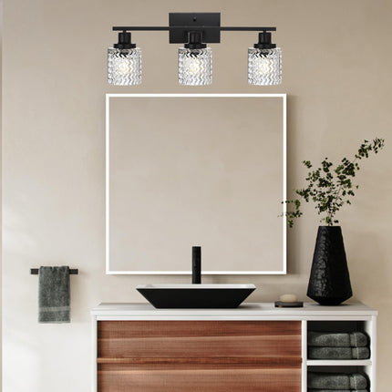 MELUCEE 3 Lights Modern Bathroom Light Fixtures Black Vanity Lights Indoor Wall Mounted Light with Hammered Glass Shade Suitable for Bathroom Living Room Hallway