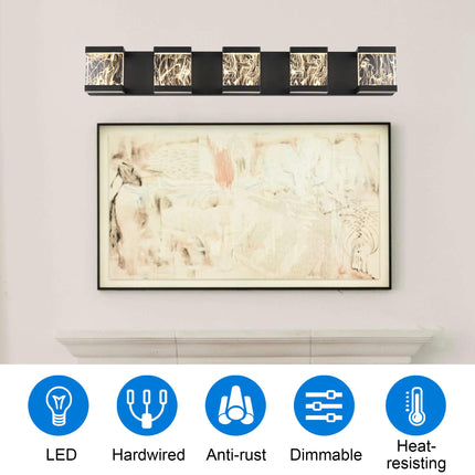 MELUCEE LED Bathroom Lighting Fixtures Over Mirror 5 Lights Black LED Vanity Lighting with Unique Smoke Acrylic Panel Modern Led Bathroom Light Bar, 25W 3000K Warm Lighting