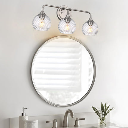 MELUCEE 3 Lights Modern Vanity Lights Over Mirror, Brushed Nickel Bathroom Lighting Fixtures with Clear Striped Swirl Glass Shade, Metal Wall Mount Lamp for Mirror, Bathroom Living Room Workshop
