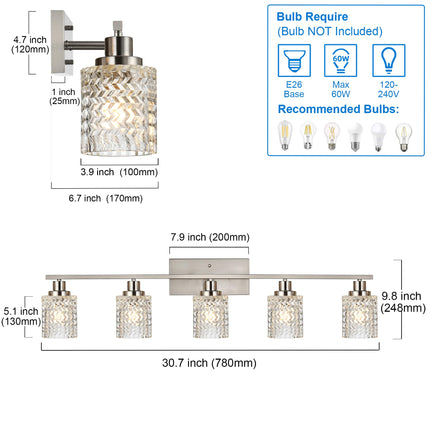 MELUCEE 5 Lights Brushed Nickel Bathroom Light Fixture Modern Light Fixtures Wall Mounted Modern Vanity Lighting with Hammered Glass Shade Suitable for Bathroom Mirror Sink Cabinet