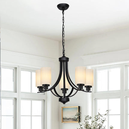 MELUCEE 5 Lights Chandeliers for Dining Room Traditional Chandelier Classic Black Pendant Light with Milky White Glass Shade, Mid Century Modern Chandelier for Kitchen Foyer Bedroom