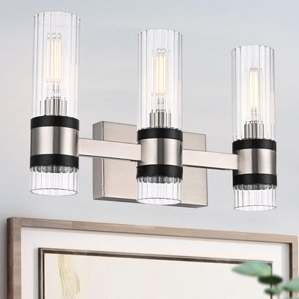 MELUCEE 3-Light Bathroom Light Fixtures Brushed Nickel with Ribbed Clear Glass Shade for Kitchen Bedroom Hallway, E12 Base
