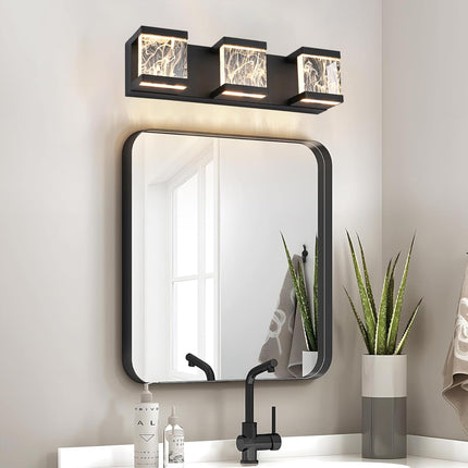 MELUCEE Modern LED Bathroom Lights Over Mirror 15W 3 Lights LED Vanity Light Bar with Unique Smoke Acrylic Panel Black Bathroom Wall Light Fixtures for Bath Powder Room, 3000K Warm Lighting