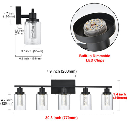 MELUCEE LED Bathroom Vanity Light 5-Light Dimmable Bathroom Light Bar 5CCT Modern Black Vanity Lighting Fixtures with Crystal Bubble Clear Glass Shade, Built-in LED Chips