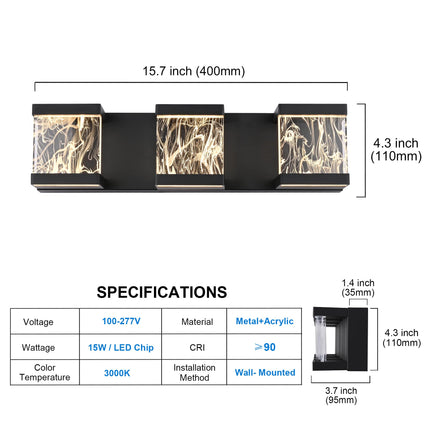 MELUCEE Modern LED Bathroom Lights Over Mirror 15W 3 Lights LED Vanity Light Bar with Unique Smoke Acrylic Panel Black Bathroom Wall Light Fixtures for Bath Powder Room, 3000K Warm Lighting