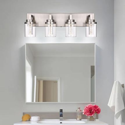 MELUCEE 4-Light Bathroom Lighting Fixtures Brushed Nickel, Dimmable LED Vanity Light for Bathroom 5CCT Bubble Crystal Bath Wall Lights with Clear Glass Shade, Built-in Led Chips