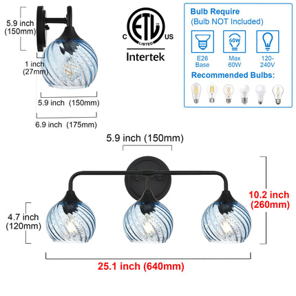 MELUCEE 25 Inch Bathroom Light Fixtures Black, 3-Light Vanity Lights with Blue Striped Swirl Glass Shade, Mid-Century Modern Bathroom Vanity Light Over Mirror