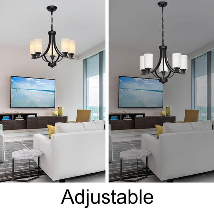 MELUCEE 5 Lights Chandeliers for Dining Room Traditional Chandelier Classic Black Pendant Light with Milky White Glass Shade, Mid Century Modern Chandelier for Kitchen Foyer Bedroom