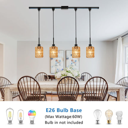 MELUCEE 4 Packs H-Type Track Hanging Light Black Ceiling Track Lighting Fixtures Rattan Pendant Light for Kitchen Island Dining Room Restaurant, Compatible with H Type Track Lighting Rail, E26 Socket