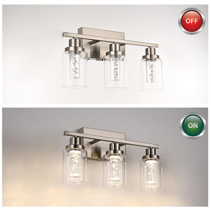 MELUCEE 3 Light LED Bathroom Light Fixtures 3000K-6000K Dimmable Vanity Lights Bathroom Lights Over Mirror Brushed Nickel Wall Light Fixture with Crystal Bubble Clear Glass Shade, Built-in LED Chips