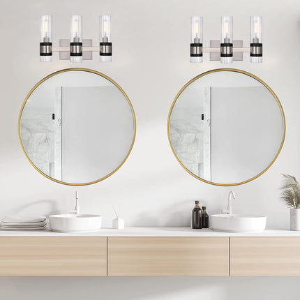 MELUCEE 3-Light Bathroom Light Fixtures Brushed Nickel with Ribbed Clear Glass Shade for Kitchen Bedroom Hallway, E12 Base