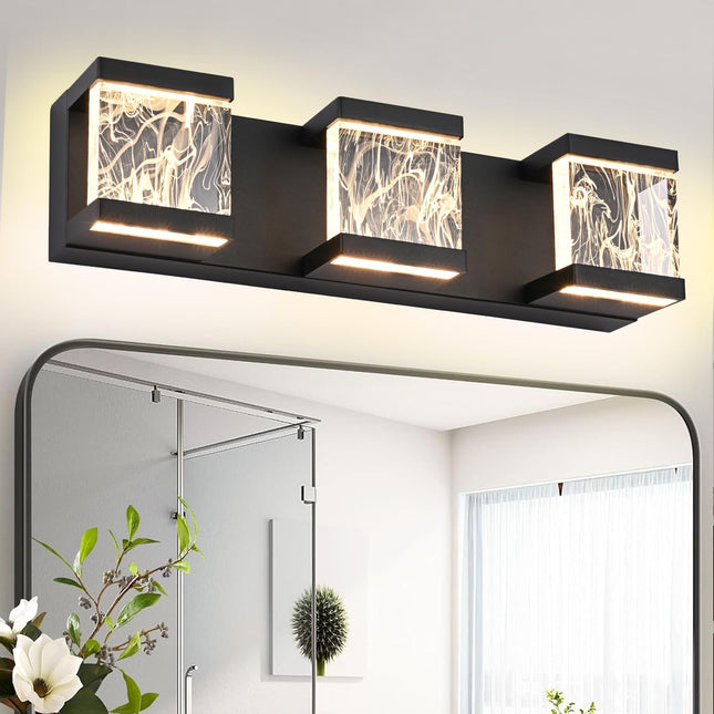 MELUCEE Modern LED Bathroom Lights Over Mirror 15W 3 Lights LED Vanity Light Bar with Unique Smoke Acrylic Panel Black Bathroom Wall Light Fixtures for Bath Powder Room, 3000K Warm Lighting