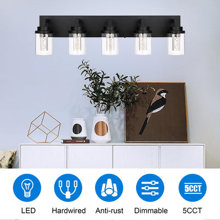 MELUCEE Black Vanity Lights for Bathroom, 5CCT Dimmable LED Bathroom Lights with Bubble Crystal and Clear Glass Shade, LED Vanity Light Bar Above Mirror Kitchen Sink, Built-in Led Chips, 25W